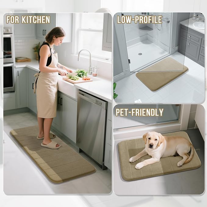Yimobra Large Bath Mat Set 2 Piece- Super Soft Absorbent Quick Dry Memory Foam Bathroom Rugs, Machine Washable Non Slip Floor Carpet for Tub Shower & Double Vanity (17x24 & 44x24, Pale Khaki)