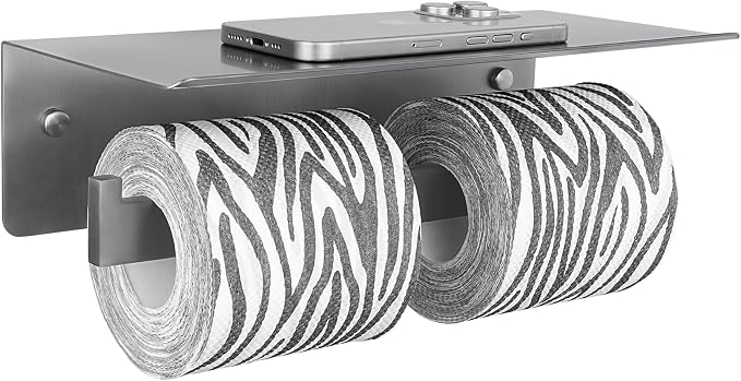 APLusee Gunmetal Gray Double Toilet Paper Holder with Shelf, 304 Stainless Steel Bathroom Tissue Roll Holder, Wall Mounted Paper Dispenser for Bathroom Kitchen, Fits Mega Rolls