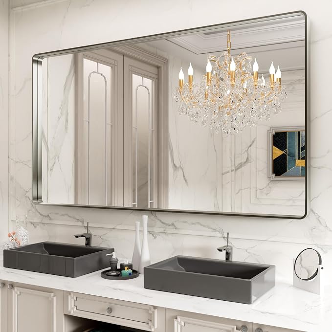 LOAAO 72X40 Inch Brushed Nickel Bathroom Mirror | Rounded Rectangle, Silver Metal Frame, Anti-Rust, Hangs Horizontally or Vertically, Tempered Glass