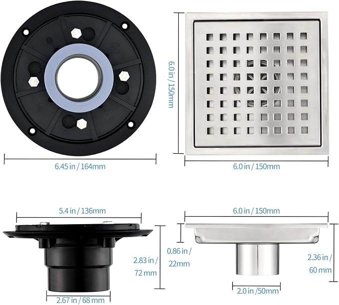 6 Inch Square Shower Drain with Removable Square Grille, Brushed 304 Stainless Steel, PVC Shower Drain Base, Includes Hair Strainer for Kitchen, Bathroom, Garage