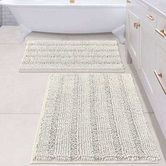 H.VERSAILTEX 2 Piece Bathroom Set - Super Absorbent Chenille Striped Bath Mats, Non Skid, Machine Washable (Cream, 24 x 36 Plus 20 x 32 - Inches)