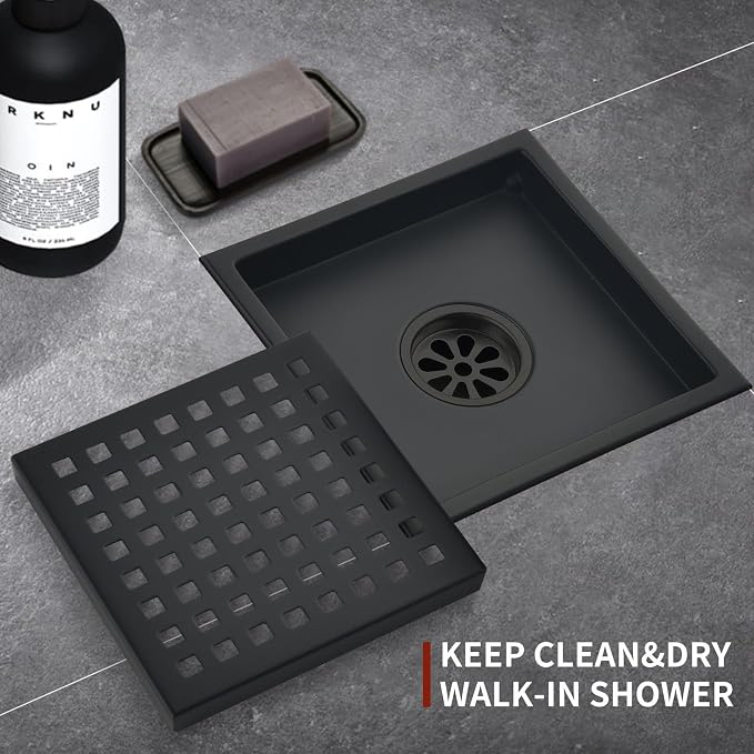 6 Inch Square Shower Drain with Flange,Matte Black，Quadrato Pattern Grate Removable,Food-Grade SUS 304 Stainless Steel，with Hair Strainer