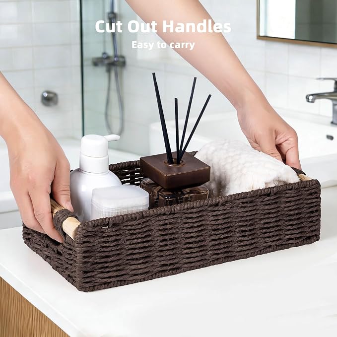 CubesLand Back of Toilet Storage Basket for Organizing w/Cut Out Handle, Handwoven Toilet Tank Top Paper Baskets, Small Wicker Decorative Basket for Countertop, Home, Living Room, Nursery, Brown