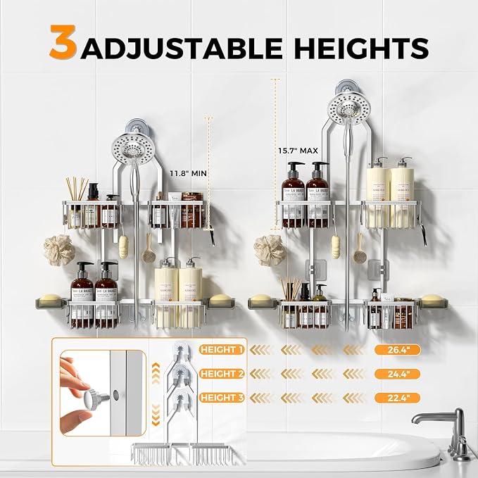 Adjustable Aluminum Shower Caddy Hanging for Handheld Showerhead, Silver | Rustproof Aluminum, Shower Organizer, Anti-Slip, Quick-Drain Shelf, 40lbs Capacity, Suction Cups, 8 Hooks, Razor Soap Holders