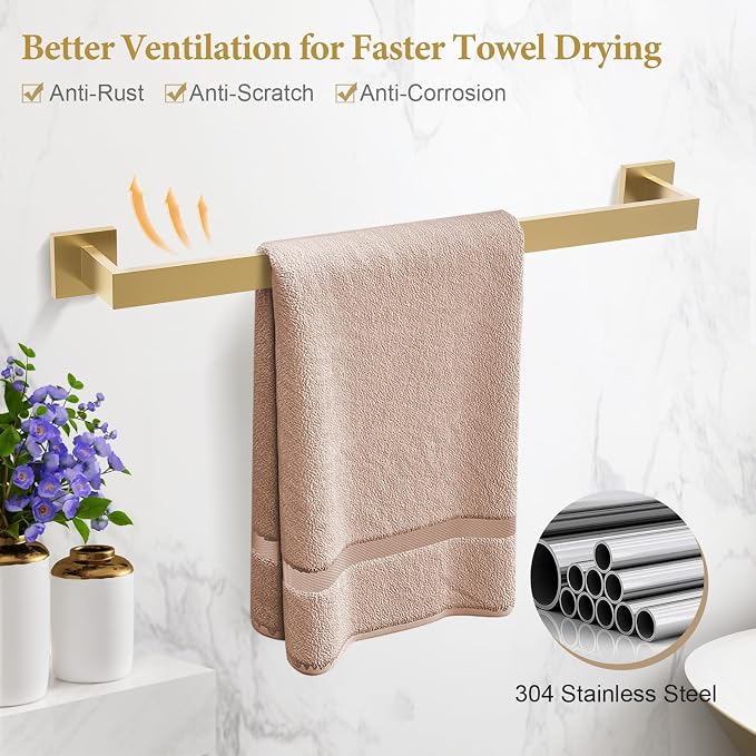 TURS Brushed Gold Bathroom Accessory Set 4-Pieces Bathroom Hardware Set Square Towel Bar Set Stainless Steel Towel Holder Set