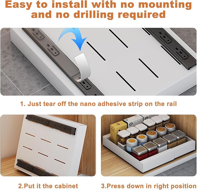Pull Out Cabinet Organizer, Expandable 7"-11" Slide Out Cabinet Drawer, No Drilling Cabinet Organizer with Adhesive Nano Film for Kitchen Pantry Bathroom Under Sink Storage