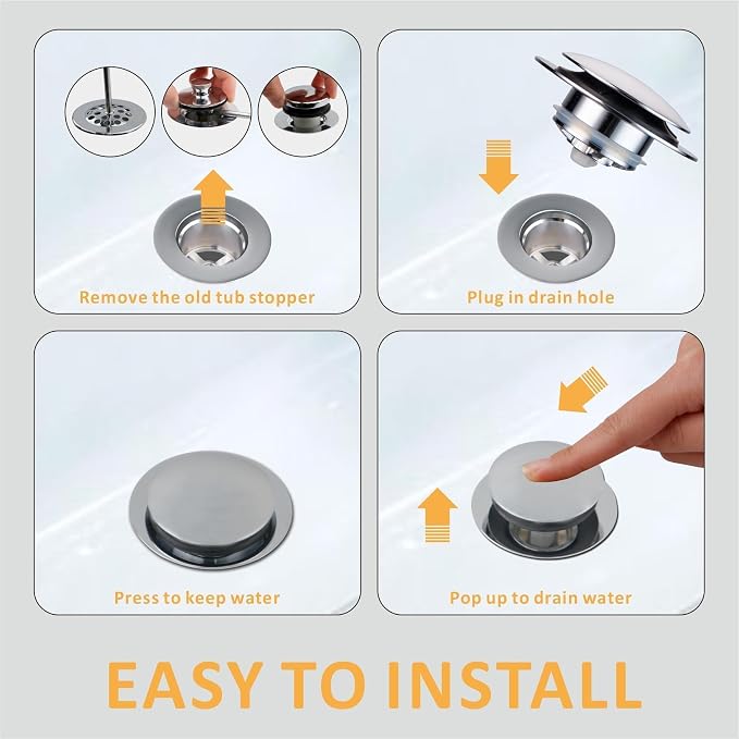 Wellup Universal Pop Up Tub Drain Stopper Replacement Chrome Tip Toe, Lift and Turn for Bathtub, EZ Chrome Plated Bath Plug Stopper