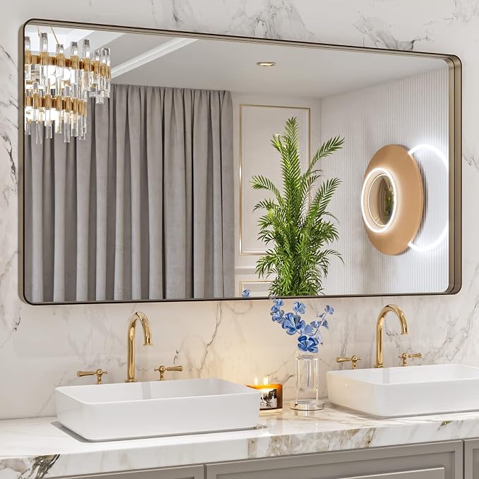 LOAAO 55”X30” Bronze Bathroom Mirrors for Vanity, Rounded Rectangle Brushed Bronze Metal Frame Mirror, Anti-Rust, Tempered Glass, Hangs Horizontally or Vertically | Rounded Rectangle, Brushed Bronze Metal Frame, Anti-Rust, Tempered Glass, Hangs Horizon...