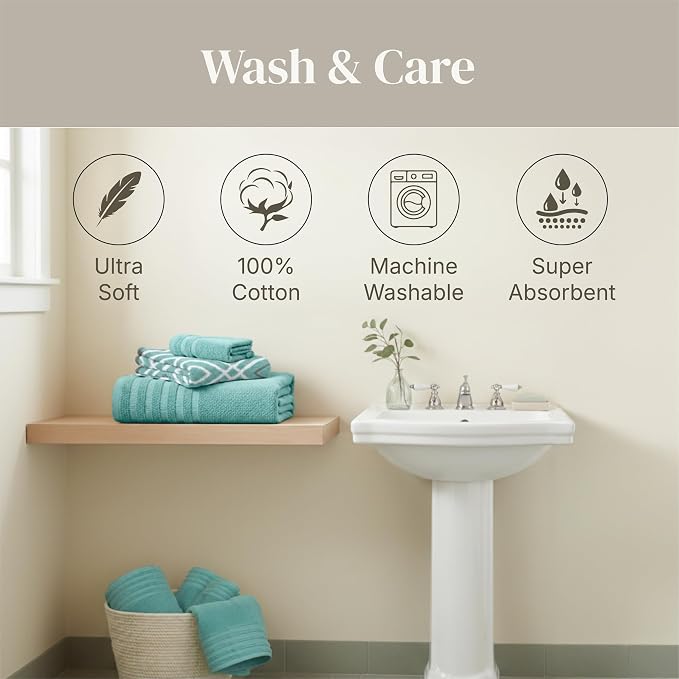 Modern Threads 6 Piece Bath Towel Set – Bathroom Set with 2 Bath Towels, 2 Hand Towels, and 2 Wash Cloths – 100% Cotton, Super Absorbent & Extra Soft – Reversible Classic Diamond (Aqua)