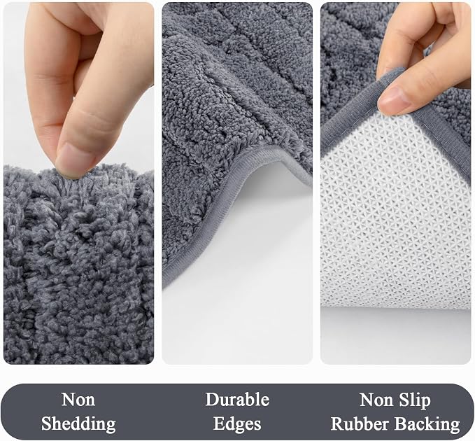 Vaukki Grey Bathroom Rugs Sets 3 Piece, 32x20+26x18+24x20 Inch | Washable Non Slip Soft Bath Mats for Shower and Tub, Plush Absorbent Microfiber Toilet Rug U Shaped