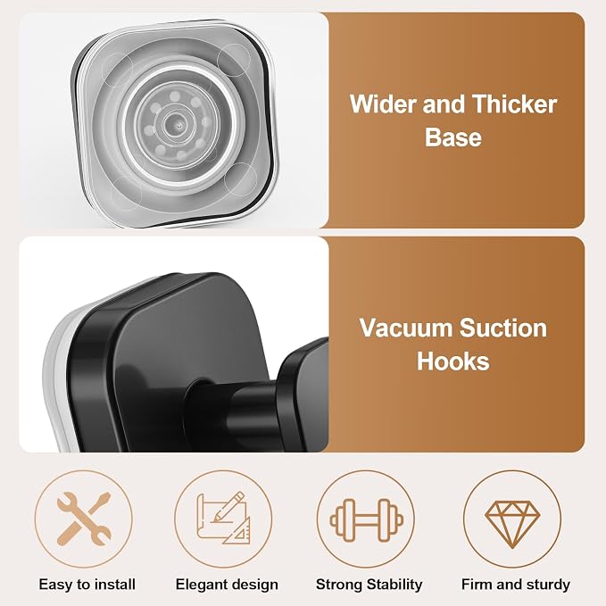 Suction Cup Hooks, 2 Pack Black No Drill Shower Towel Hook | Heavy-Duty Stainless Steel Suction Hook, Strong Hold, No-Drill, Reusable & Rustproof for Tile Glass Mirror Towels Bath