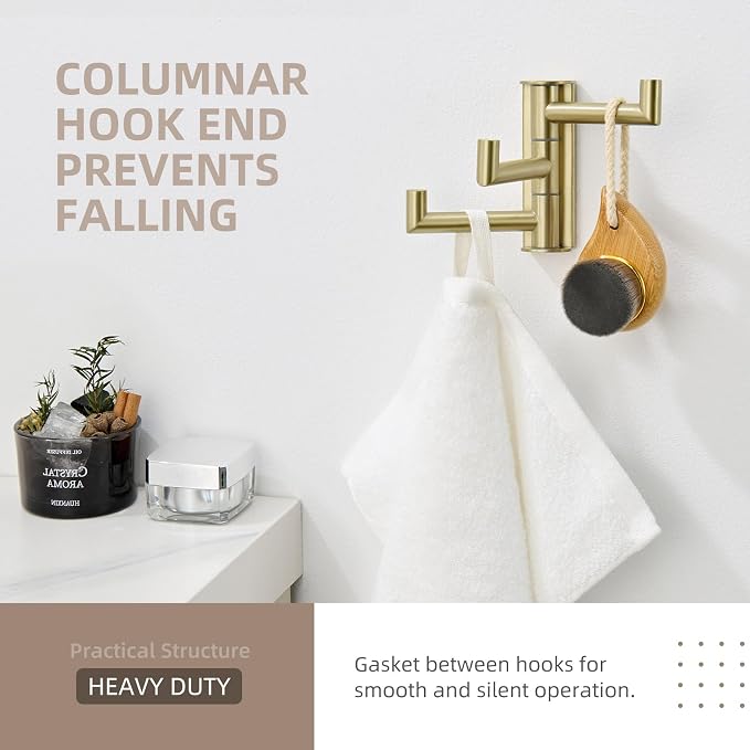 Angle Simple Towel Hook Swivel, SUS304 Stainless Steel 3 Arms Bath Towel Holder, Robe Hook Bathroom Wall, Brushed Gold