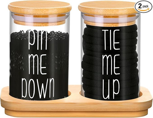 Funny Apothecary Jars 2 Pack Hair Tie Holder Organizers Bathroom Canisters with Tray Bobby Pin Holder Bathroom Jars Accessories Set with Lids for Bathroom décor Farmhouse Bathroom Storage Organization