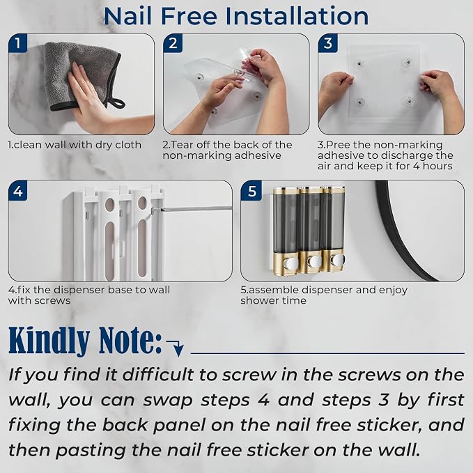 Pollock Shower Soap Dispenser No Drill 3 Chamber*300ML,Gold | Shampoo and Conditioner Dispenser Wall Mounted,Shampoo Body Wash Conditioner for Bathroom Large Capacity