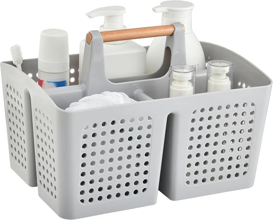 Portable Shower Caddy Basket with Wood Handle, 3-Compartment Bathroom Organizer Tote with Drain Holes, Plastic Shower Basket for Dorm, Toiletries, Cleaning Supplies,Light Gray