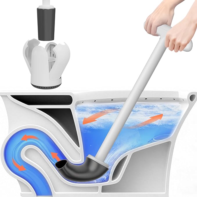 Upgraded Toilet Plunger with Holder, Wall Mounted Toilet Bowl Plunger with Hideaway Caddy, Dual Handle Plunger for Bathroom Built-in Drip Tray