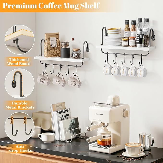 Olakee Floating Wall Shelves for Kitchen Bathroom Coffee Nook with 10 Adjustable Hooks for Mugs Cooking Utensils or Towel Rustic Storage Shelves Set of 2/17x5.9 inch (White)