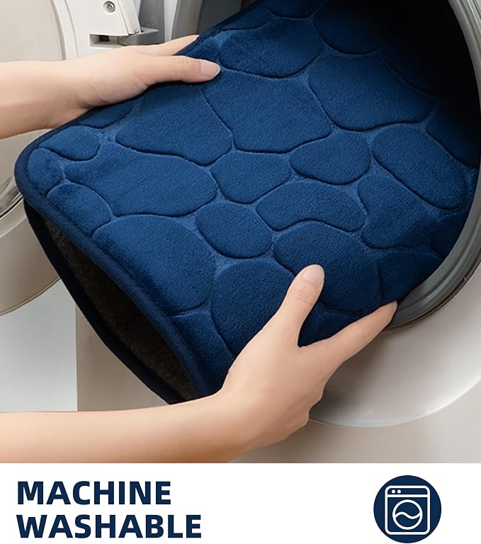 YIHOUSE Memory Foam Runner Rug, Cobblestone Bathroom Runner Rugs Super Water Absorbent Bath Mats for Bathroom Machine Washable Bath Rugs for Hallway Bedroom Laundry Room(24 x 47,Dark Blue)