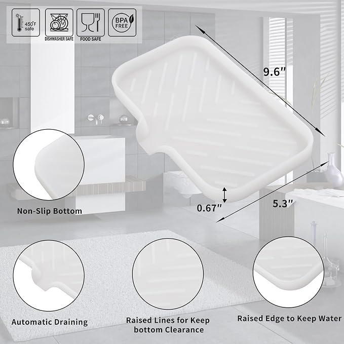 MicoYang Silicone Soap Dish with Drain Spout — Self-Draining Sink Organizer Tray for Bathroom & Kitchen, Sponges, Dispensers & Soap Holder, Non-Slip & Dishwasher Safe, Translucent (Medium, 9.6"×5.3")