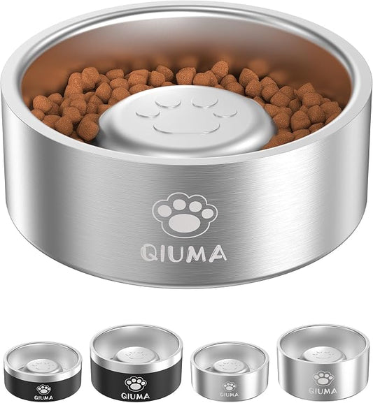 Qiuma Slow Feeder Dog Bowls Stainless Steel, Food-Grade 304 Dog Slow Feeder Bowl 2 Cups Capacity, Heavy Duty Double-Layer with Non-Slip Base, Pet Puzzle Bowl for Small & Medium Dogs (Silver)