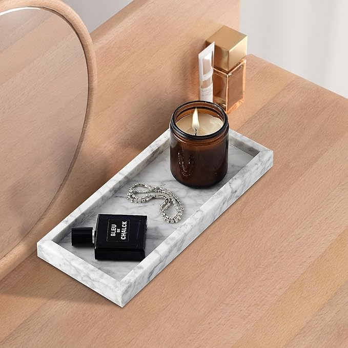 Real Natural Marble Tray for Bathroom, Vanity, Kitchen and Desktop, Rectangle Genuine Marble Stone Tray for Jewelry, Cosmetics, Candles, Lotion, Perfume and Home Decor, 12"x5" Size