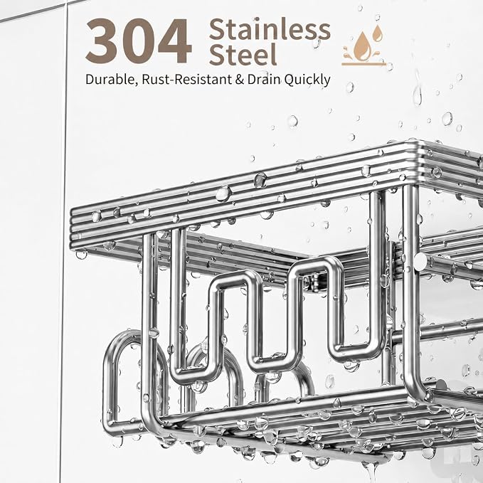 Adjustable Shower Caddy Hanging for Handheld Showerheads, Rustproof, Silver | Anti-Swing, Split Design, Shower Organizer with Hooks, Soap Holder and Toothbrush Holder, No-Drill Bathroom Storage