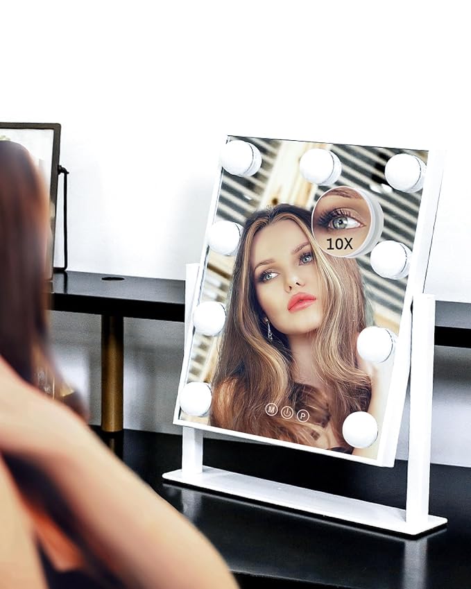 BWLLNI Lighted Makeup Mirror, White Vanity Mirror with Lights,9 LED Bulbs | Hollywood Mirror Touch Control Design 3 Colors Dimable LED Bulbs, Detachable 10X Magnification, 360°Rotation,12" L x 14" W