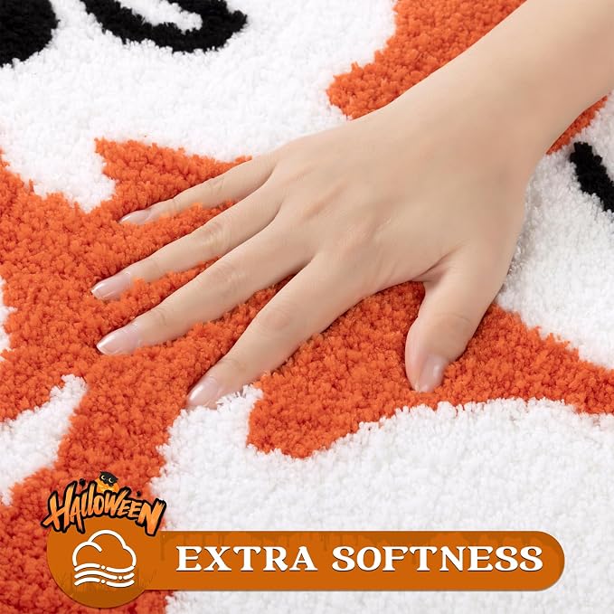 Pauwer Halloween Bathroom Rugs Sets 3 Piece, Fall Bath Mats, Orange Ghost | Spooky, Microfiber, U-Shaped Contour Toilet Rug, Soft Plush Absorbent, Quick Dry, Non Slip Washable Bath Mat Set