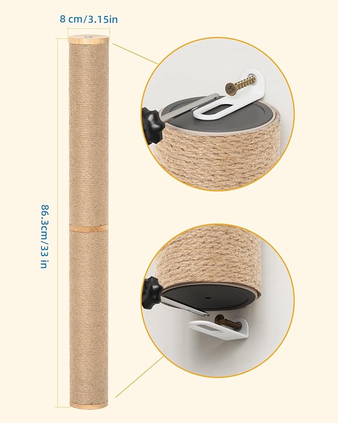 Aechonow 68" Wall Mounted Cat Scratcher,2Pcs of 34in Sisal Scratching Posts | Wood Cat Wall Scratcher,Cat Wall Furniture for Indoor Cats,Cat Wall Climber, Natural Sisal,Tall & Sturdy Corner Climbing Pole