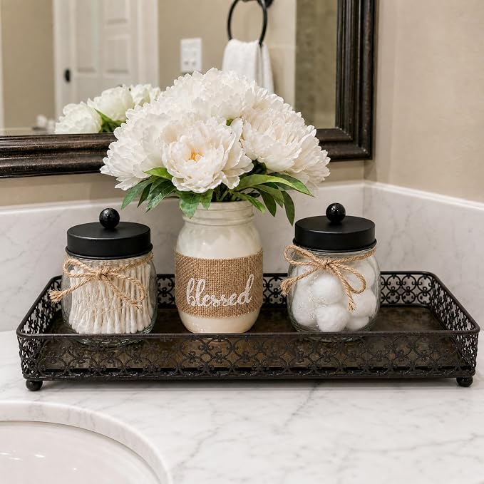 SheeChung 4 Pack Apothecary Jars with Lids, Bathroom Organizers and Storage, Qtip Holders Set, Bathroom Decor, Small Mason Jars for Q-tips, Cottons, Floss, Balls, Cotton Swabs-Black