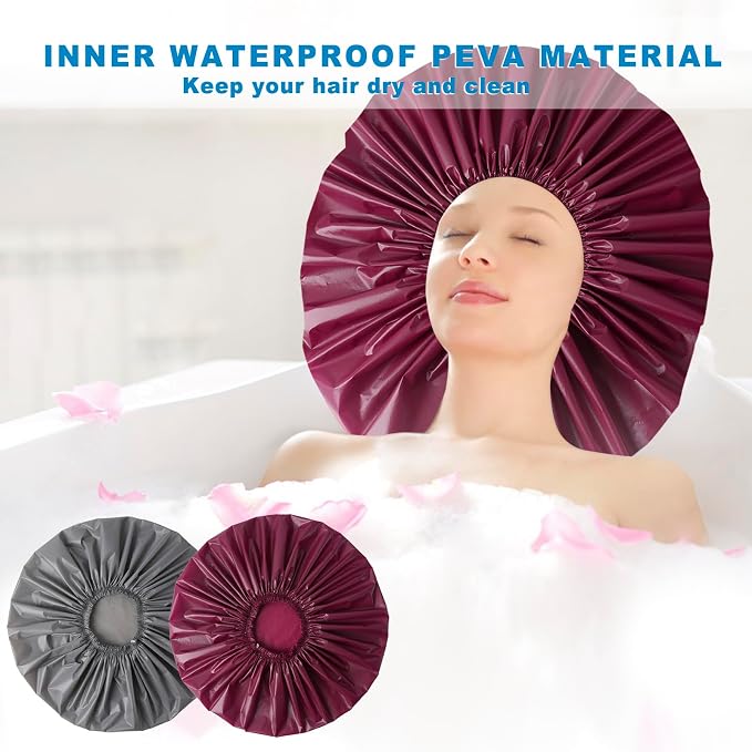 Super Jumbo Shower Cap for Women, 2 PCS Waterproof Hair Caps for Locs | Extra Large, Double Side Reusable PEVA Bath Cap, Washable, Holds Long Thick Twist Braid - Grey+Purple-red