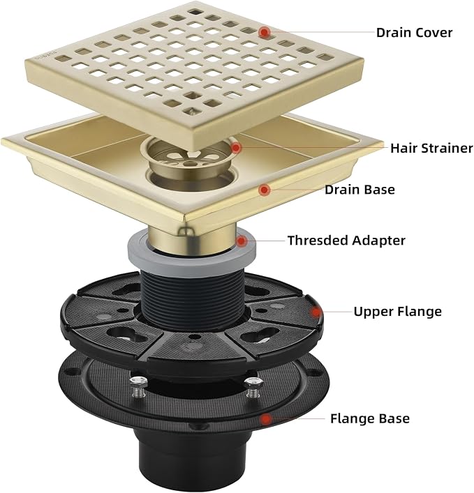 6 Inch Set of 2 Shower Drain 304 Stainless Steel ， Brushed Gold Square Shower Floor Drain Kit with Flange, Removable Cover Grille, Hair Filter for Bathroom, Kitchen, Balcony