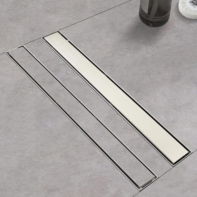 Linear Shower Drain ，18 Inch Brushed 304 Stainless Steel Rectangle Shower Floor Drain，with Reversable Tile-inPattern Drain Cover & Hair Catcher, Adjustable Feet