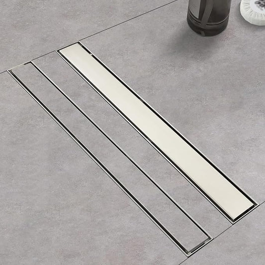Linear Shower Drain ，18 Inch Brushed 304 Stainless Steel Rectangle Shower Floor Drain，with Reversable Tile-inPattern Drain Cover & Hair Catcher, Adjustable Feet