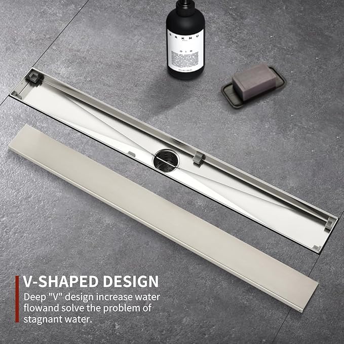 Linear Shower Drain ，24 Inch Brushed 304 Stainless Steel Rectangle Shower Floor Drain，with Reversable Tile-inPattern Drain Cover & Hair Catcher, Adjustable Feet