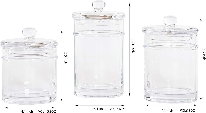 3PC Set Premium Quality Glass Bathroom Canisters, Apothecary Jars, Storage Containers with Airtight Glass Lid and Wide Mouth (13/18/24 oz)