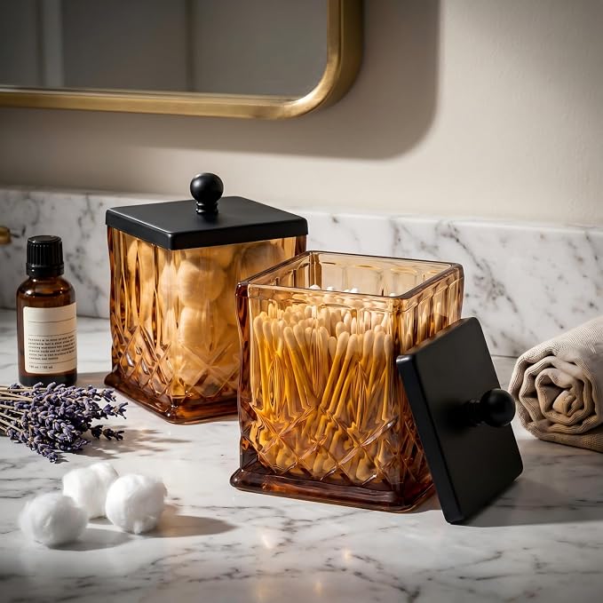 2 Pack Glass Qtip Holder Dispenser Set,Square Bathroom Apothecary Jars with Matte Black Lid for Cotton Swabs, Balls, Pads,Floss Picks, Vanity Storage Container for Makeup, Candy, Jewelry(15 Oz, Amber)