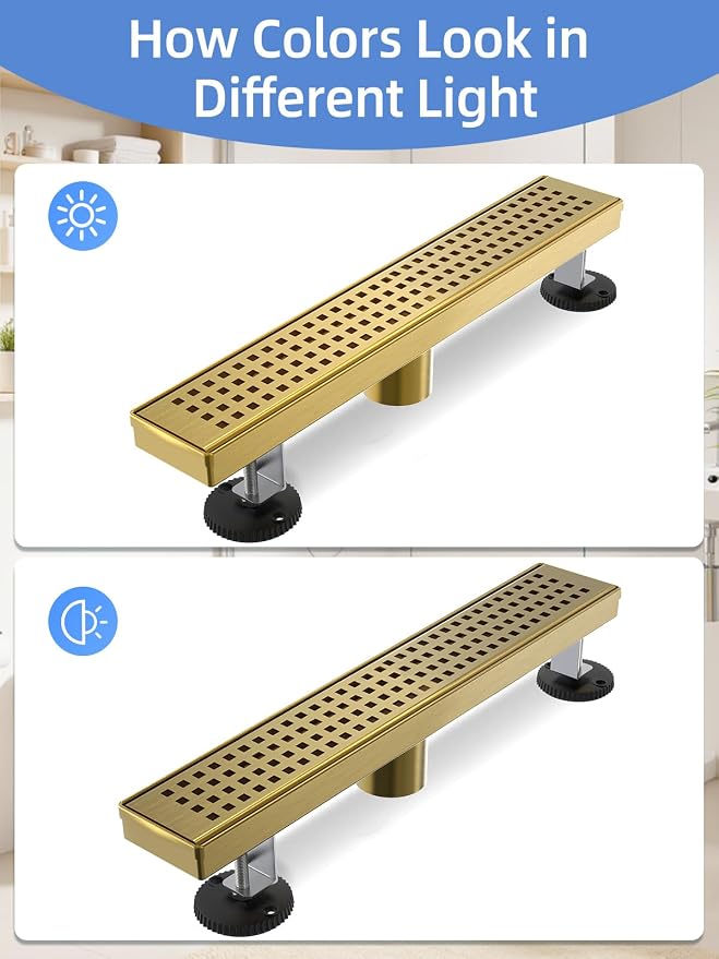 Linear Shower Drain, 54 Inch Titanium Gold Shower Drain with Removable Square Hole Cover Grate, Bathroom 304 Stainless Steel Brushed Gold Shower Floor Drain with Adjustable Feet,Hair Filter