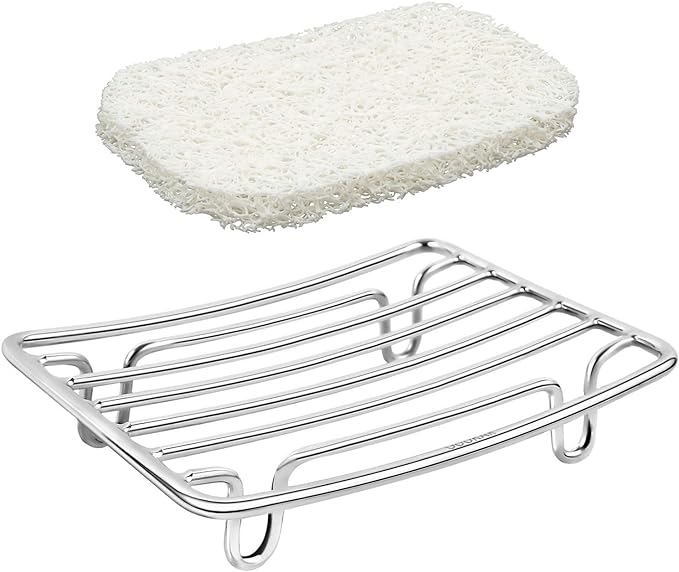 Bar Soap Dish Holder for Shower Bathroom Stainless Steel Rust Proof Self Draining with White Soap Saver Pad