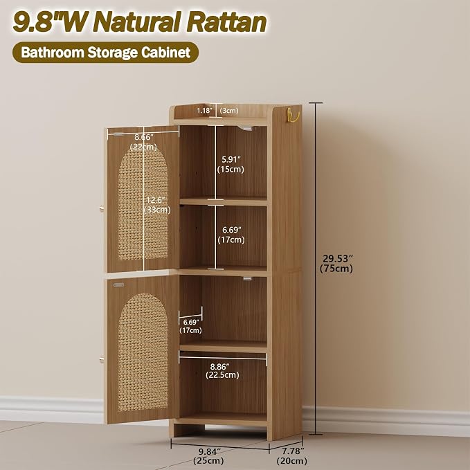 Arbuxzuy Rattan Bathroom Storage Cabinet,Corner Floor Cabinet with 2 Doors and Adjustable Shelf, Narrow Toilet Paper Cabinets with 2Hooks,Toilet Organizer for Small Spaces,7.87"D*9.84"W*29.72"H Oak
