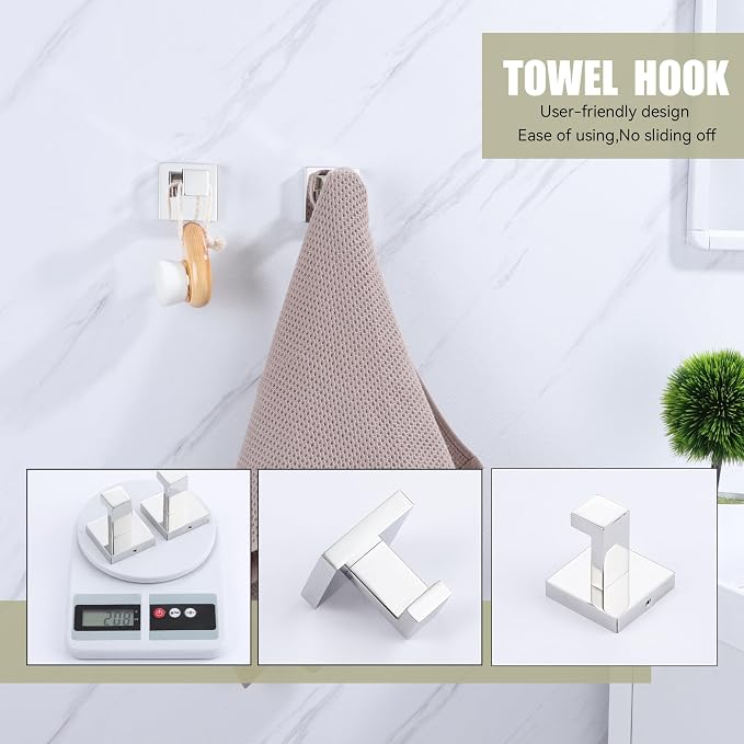 LANC 3PCS Towel Hooks for Bathroom Wall Hooks, Heavy Duty Chrome Bath Hooks,Coat Hooks,Hand Towel Hanger,Robe Hooks for Bathroom Kitchen Hotel Wall Mounted,Silver Polished, A8805CP-P3
