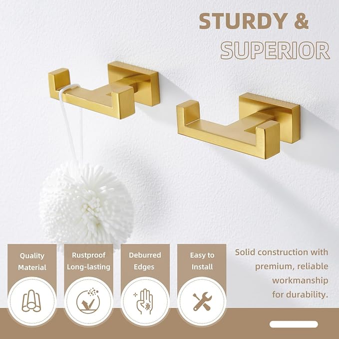 Angle Simple Double Towel Hook Brushed Dark Gold 2 PCS, SUS304 Stainless Steel Bathroom Hand Towel Holder, Double Robe Hook for Wall