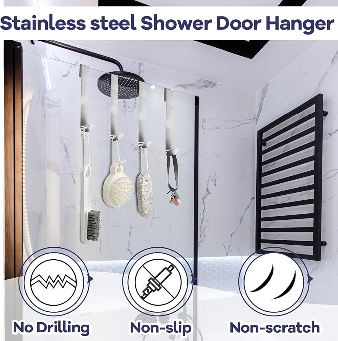 Zorfeter 10 Inch Extended Over Shower Door Hook, Stainless Steel Heavy Duty Shower Hooks Drilling-Free Towel Hooks for Bathroom Frameless Glass Shower Door - 3 Packs