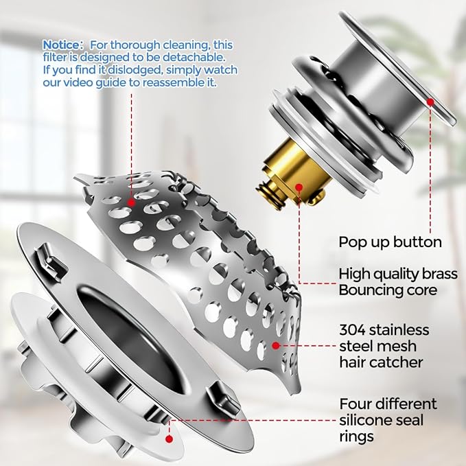 zaa 2 in 1 Bathtub Drain Stopper & Hair Catcher Pop-Up Plug | Upgraded Silver Pop Up Tub Plug for 1.46-2" Drain, Replaces Lift & Turn Tip-Toe or Trip Lever, Easy Hair Catcher