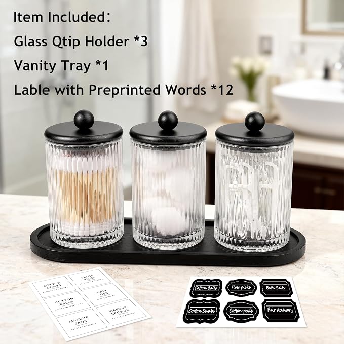 SheeChung 3 Pack Ribbed Glass Qtip Holder with Bamboo Tray & Metal Lids | Modern Industrial Bathroom Organizer Set for Cotton Rounds, Swabs, Flossers - Minimalist Vanity Storage Canister (Black )