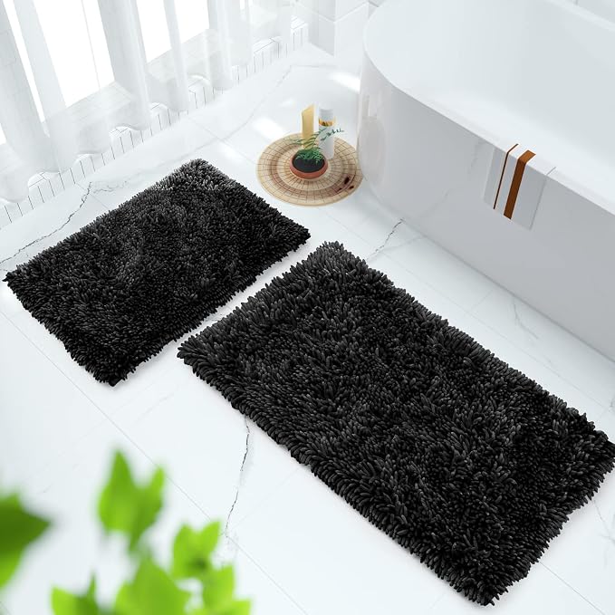 Yimobra Bathroom Rug Set 2 Piece, Luxury Shaggy Bath Mat Set with Non Slip Backing, Ultra Soft & Absorbent Mats for Bathroom Floor, Machine Washable, 44"x24"+24"x17", Black