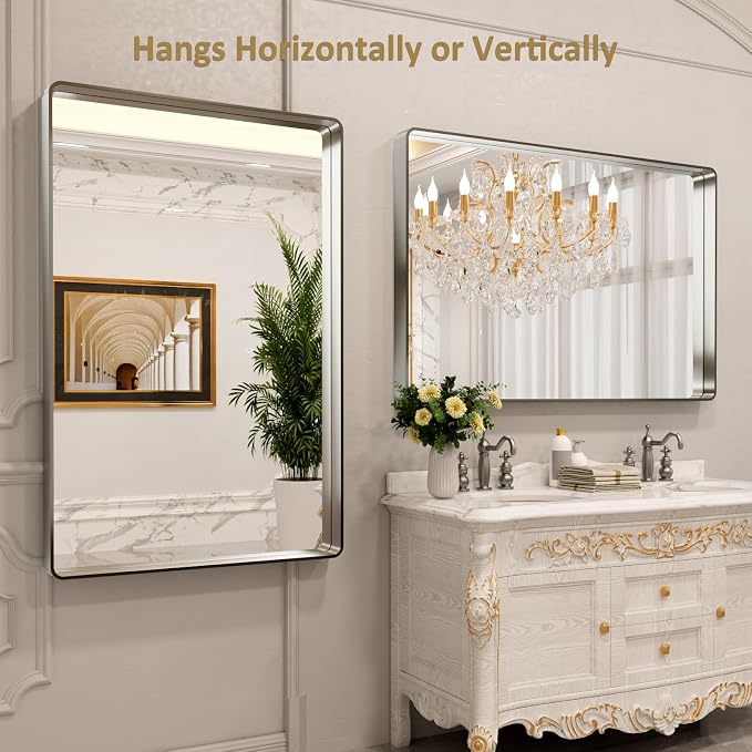 LOAAO 50X30 Inch Brushed Nickel Bathroom Mirror, Rounded Rectangle Silver Metal Frame Mirror, Brushed Nickel, Anti-Rust, Shatter Proof, Hangs Horizontally or Vertically | Rounded Rectangle, Silver Metal Frame, Anti-Rust, Tempered Glass, Hangs Horizonta...
