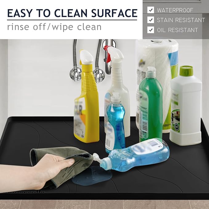 Heavy Duty Silicone Under Sink Mats for Kitchen Waterproof 37" x 19", Extra Thick Under Sink Rubber Mat Drip Tray, Raised Edge Under Sink Liner,Prevent Drips, Leaks, Spills,Black