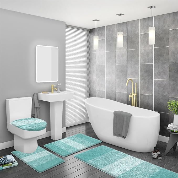 Bsmathom Bathroom Rug Set 4 Piece, Plush Microfiber Bath Mat, Teal | Super Water Absorbent, Non Slip Machine Washable Bath Rug Sets with Toilet Lid Cover and U-shaped Contour Toilet Mat