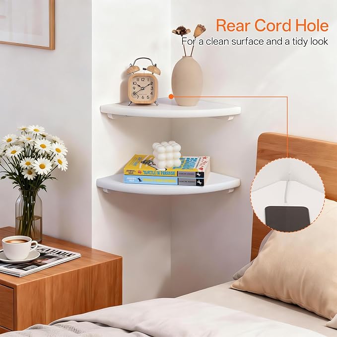 Gieanoo White Corner Wall Shelf 16inch Solid Oak Wood Floating Corner Shelf with Wire Hole Corner Wall Storage Display Shelves for Living Room Bedroom Bathroom Kitchen